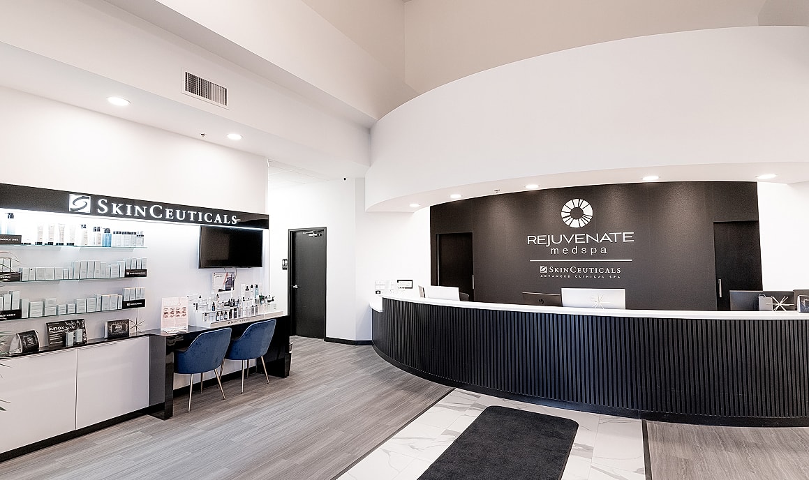 Modern medspa reception area with SkinCeuticals products.