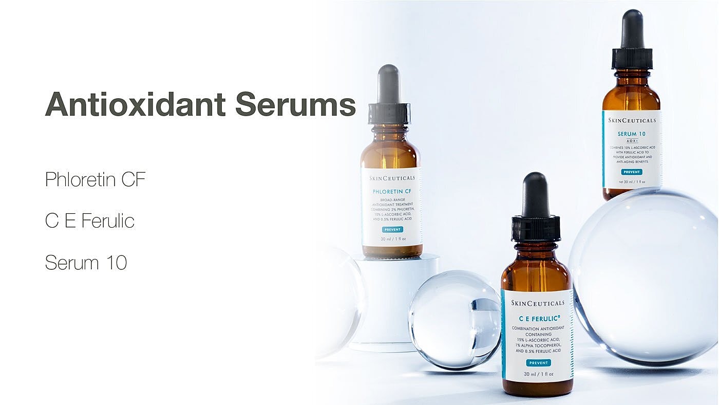 Antioxidant serums on display with varying labels.