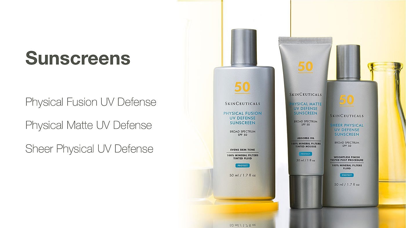 SkinCeuticals sunscreen products displayed on a shelf.