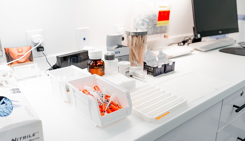 Medical supplies and equipment on a countertop.