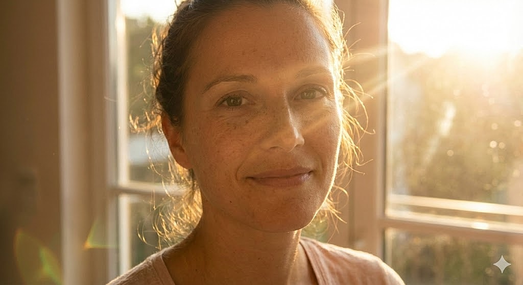Woman smiling softly by a sunlit window.