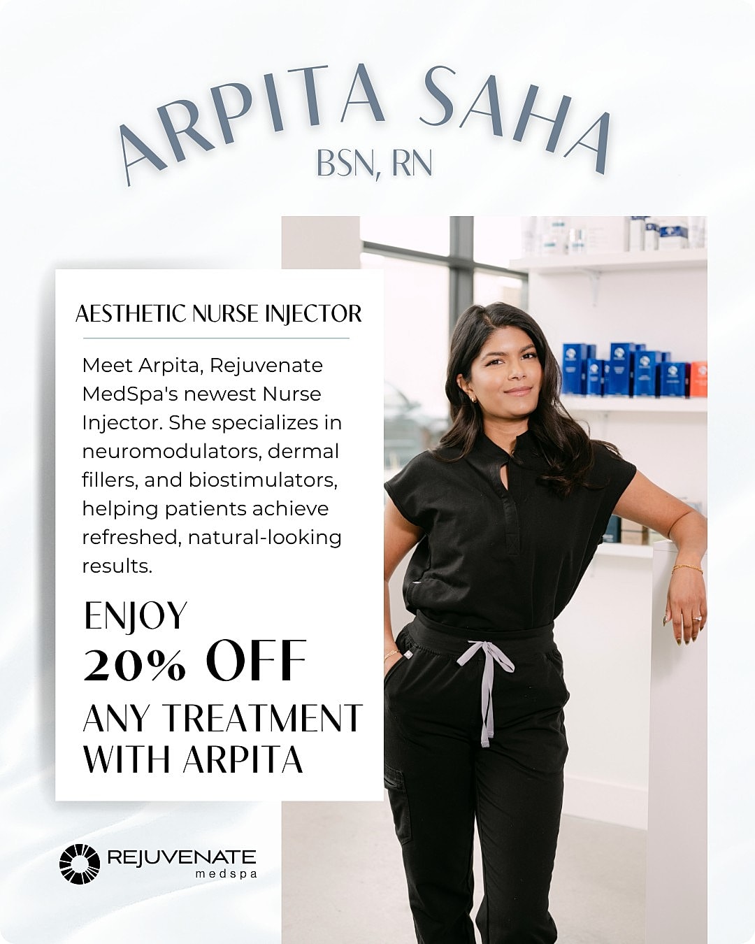 Aesthetic nurse injector promoting treatments and discounts.